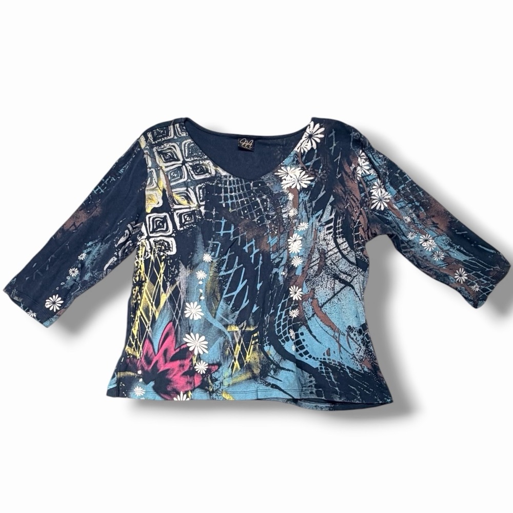 Katina Marie Women's Abstract Floral Top Blue 3/4 Sleeve Artsy Made USA Size 2X‎